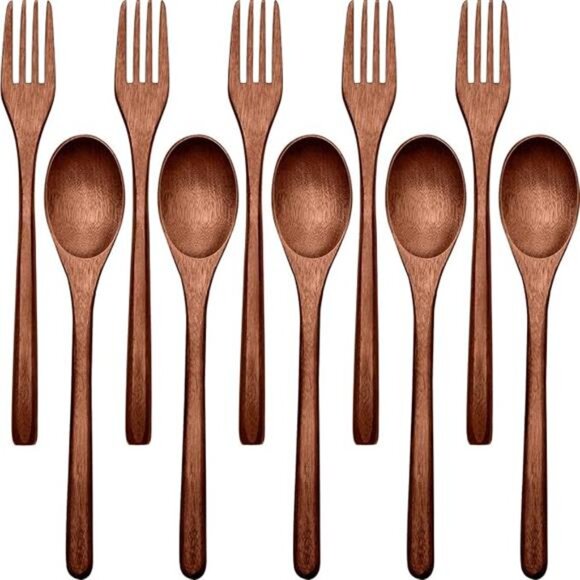 (10 Pack) Wooden Spoons Forks Set Wooden Utensils for Eating Wood Dinner Utensil - Picture 7 of 7